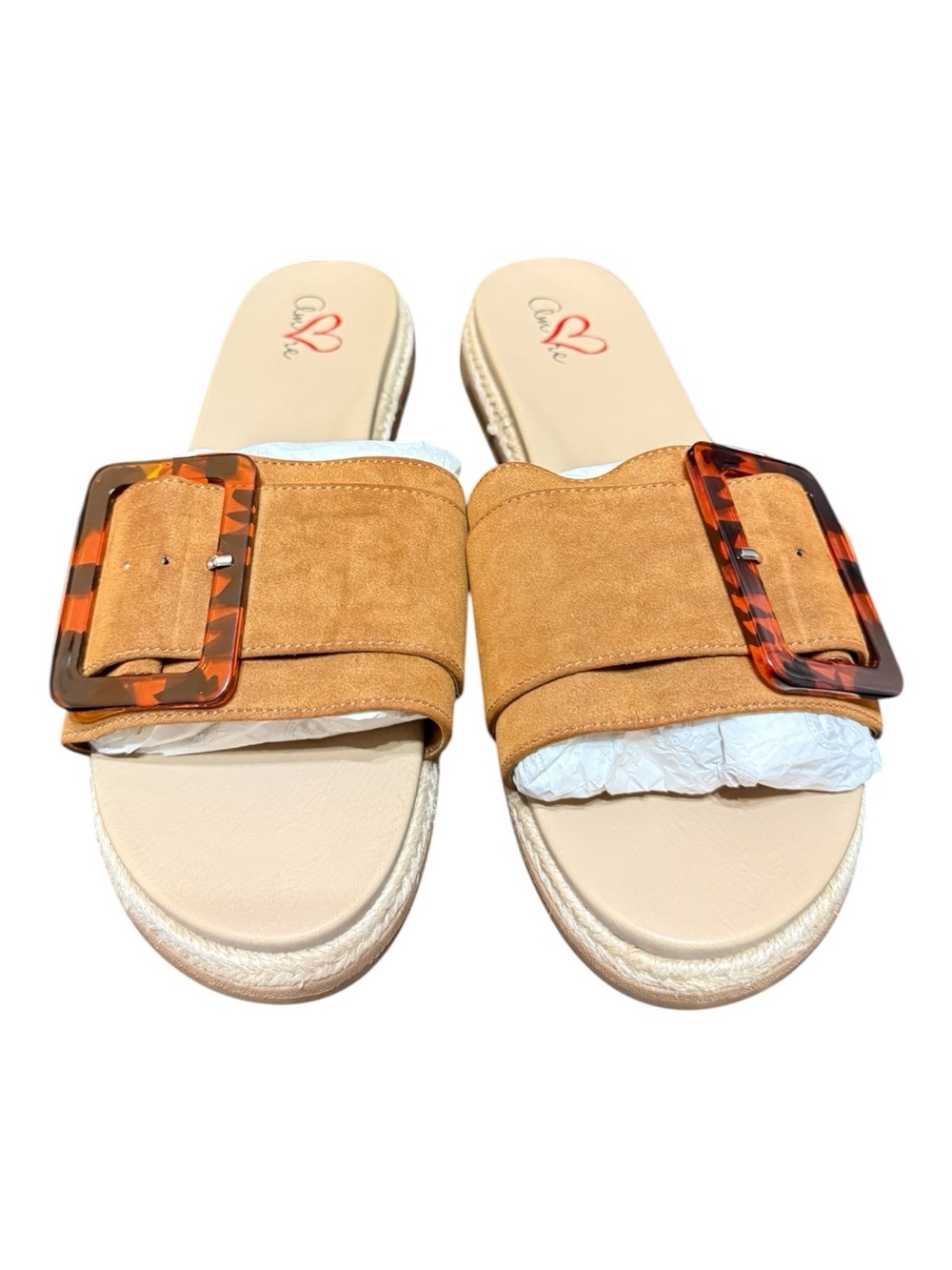Amore Women’s Size 11W Tan Buckle Espadrille Slide Sandals NWOB